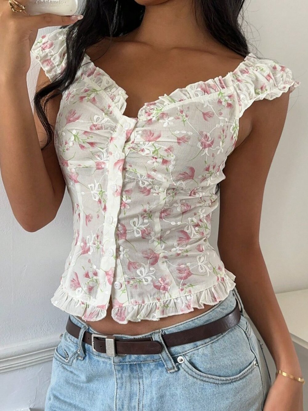Multicolor Boho Women's Casual Ditsy Floral Frill Trim Single-Breasted Shirt - Picture 4 of 6